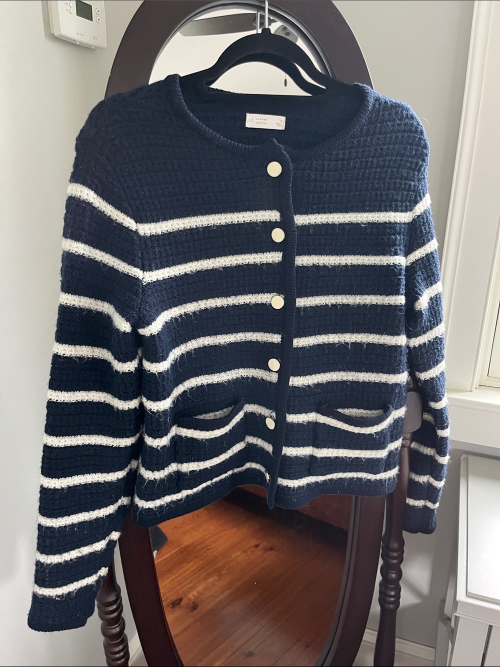 LC Lauren Conrad Navy and White Striped Button Cardigan